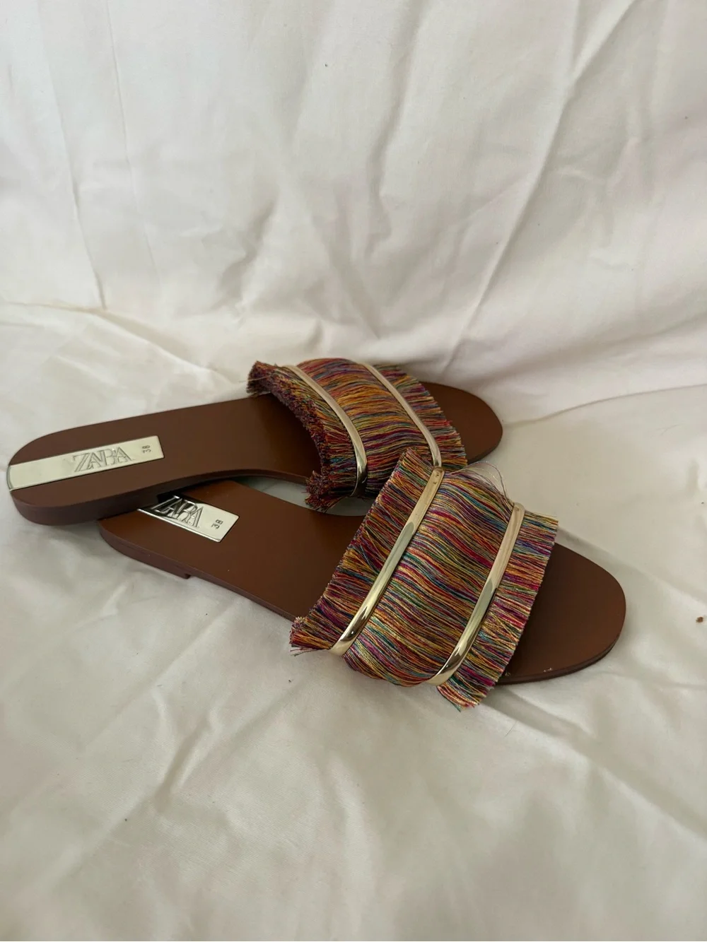 Zara Multicolor Fringe Slide Sandals with Brown Footbed
